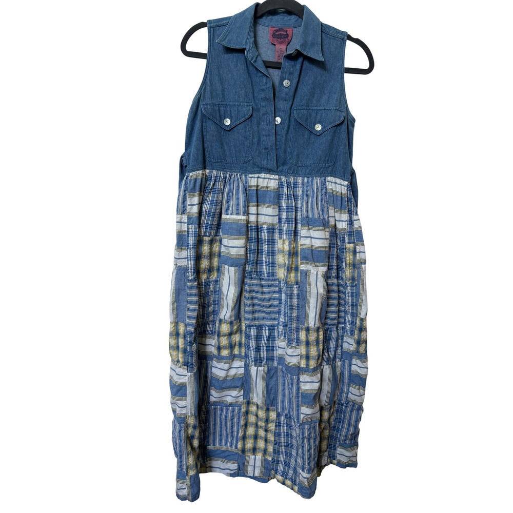 Vintage Cambridge Country Store Denim Patchwork Plaid Midi Dress Sleeveless Blue